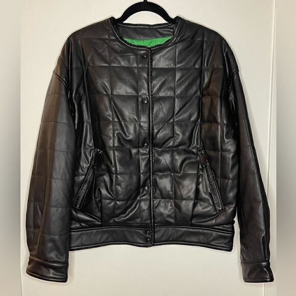 S7 Rebecca Minkoff Size XS Black Square Quilted Jacket Oversized Faux Leather - Picture 1 of 6